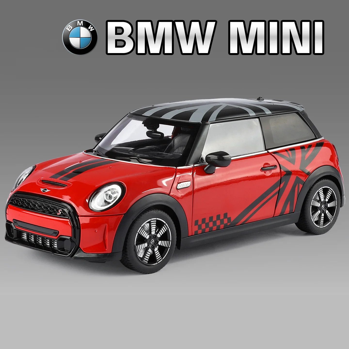 Mini Countryman S 1:18 rouge, vue avant trois-quarts avec bandes graphiques et jantes noires