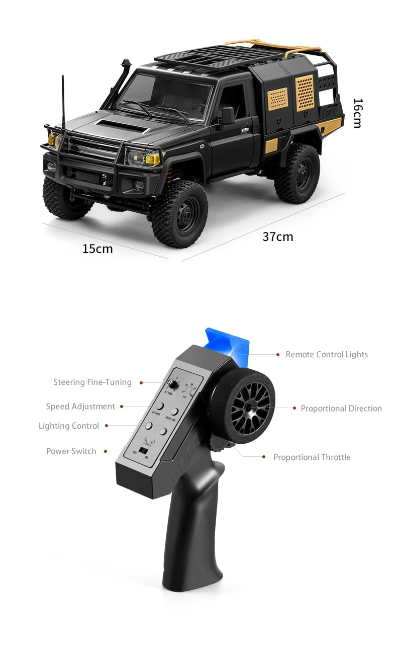 Camion RC tout-terrain noir avec télécommande, treuil, pneus crantés, échelle 1/12