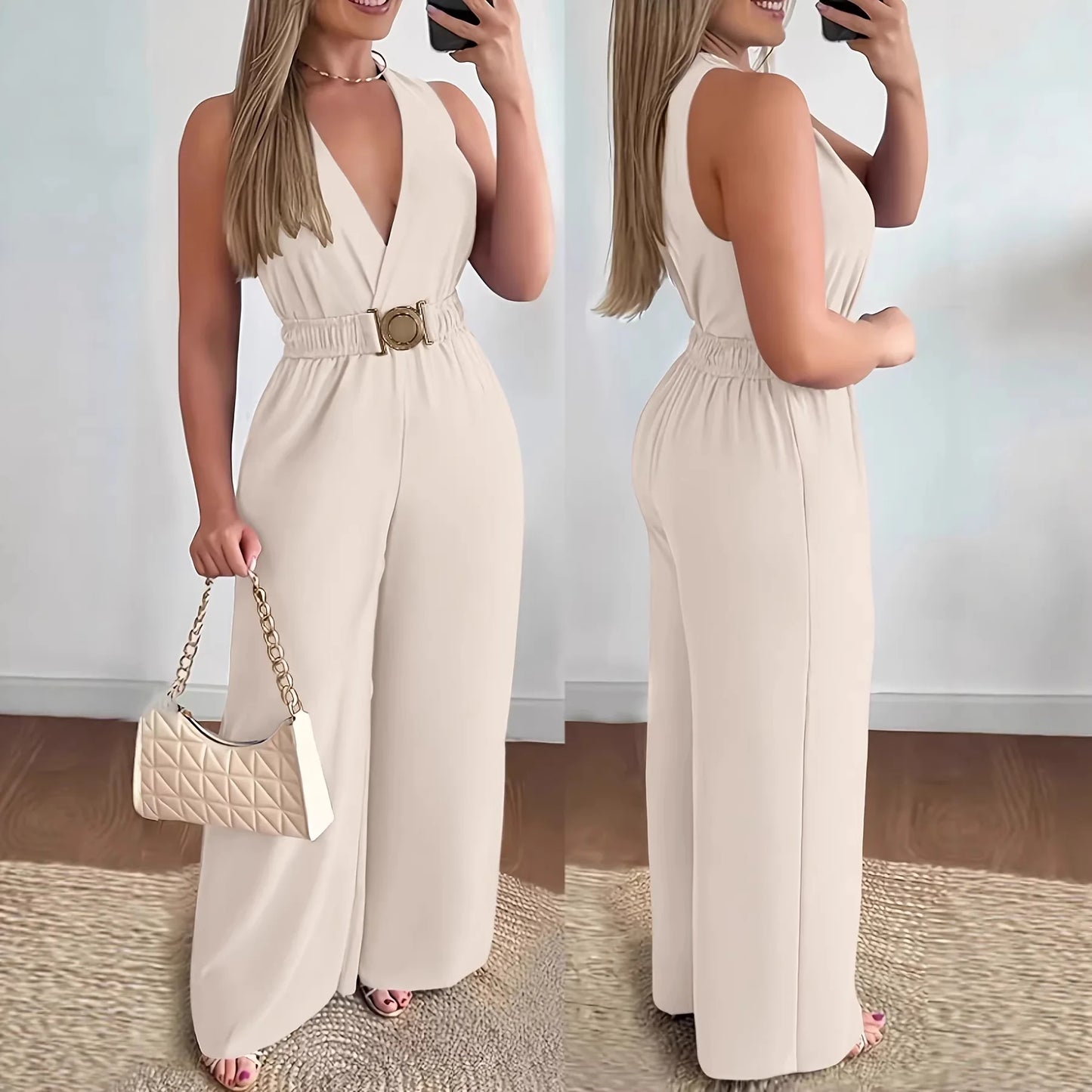 Combinaison Femme Col V Profond - Coupe Large Sans Manches, Style Decontracte Elegant