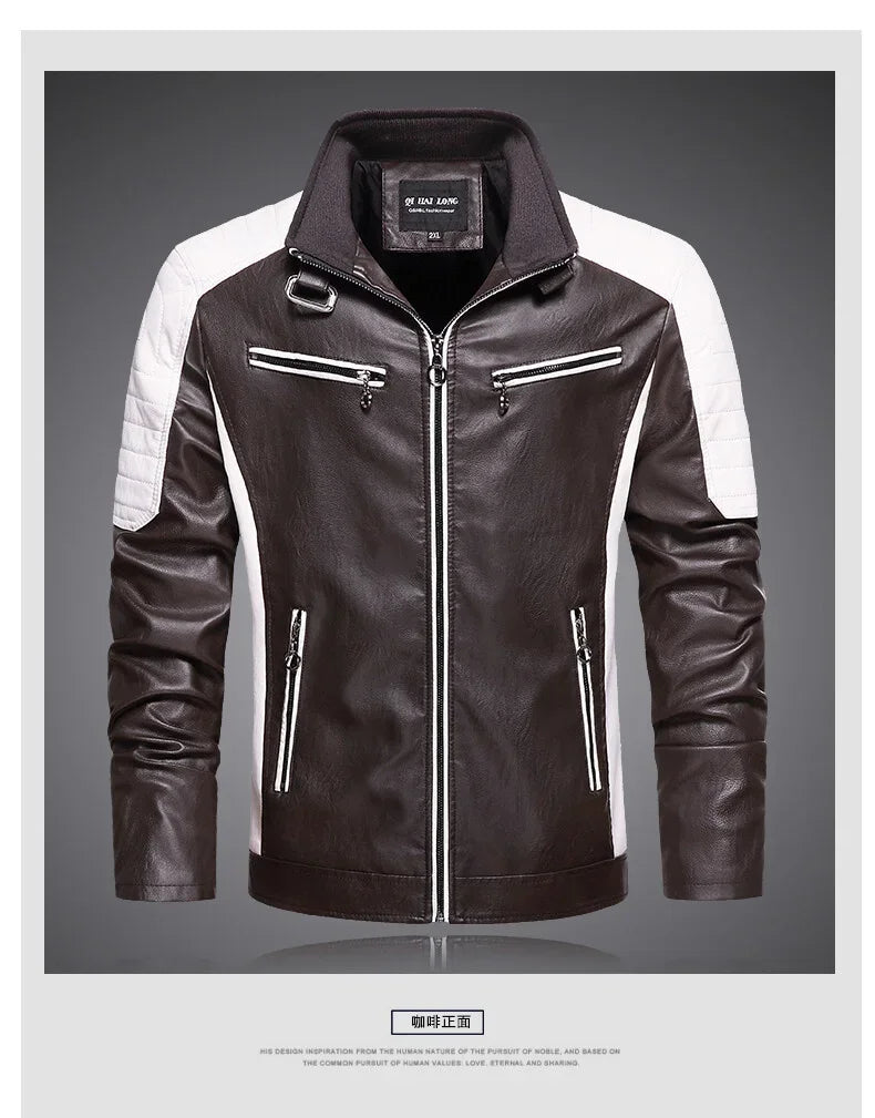 Veste motard en cuir PU homme marron foncé, col montant, fermeture zippée