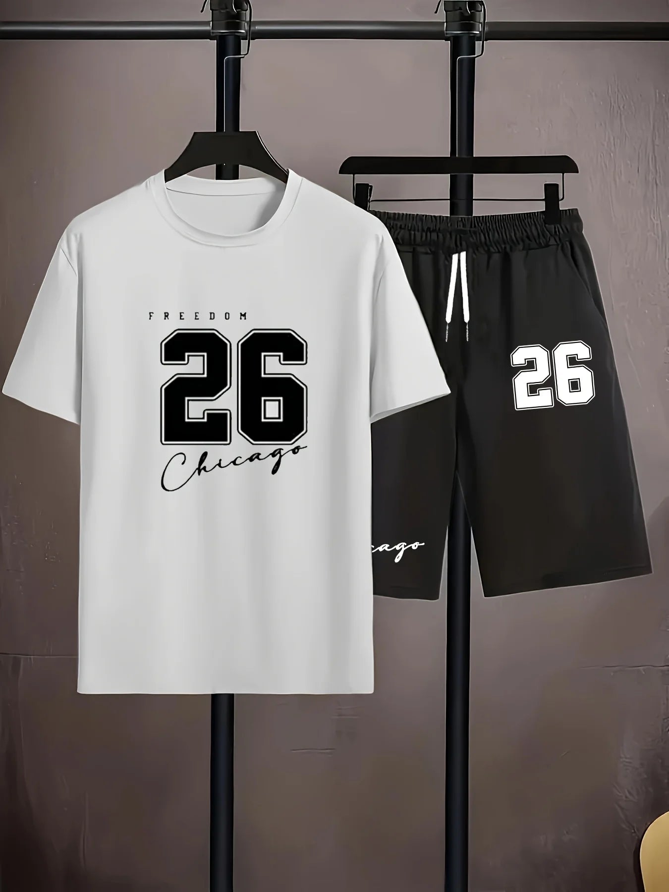 Ensemble t-shirt imprimé et short homme blanc/noir : 26 Chicago sur le t-shirt