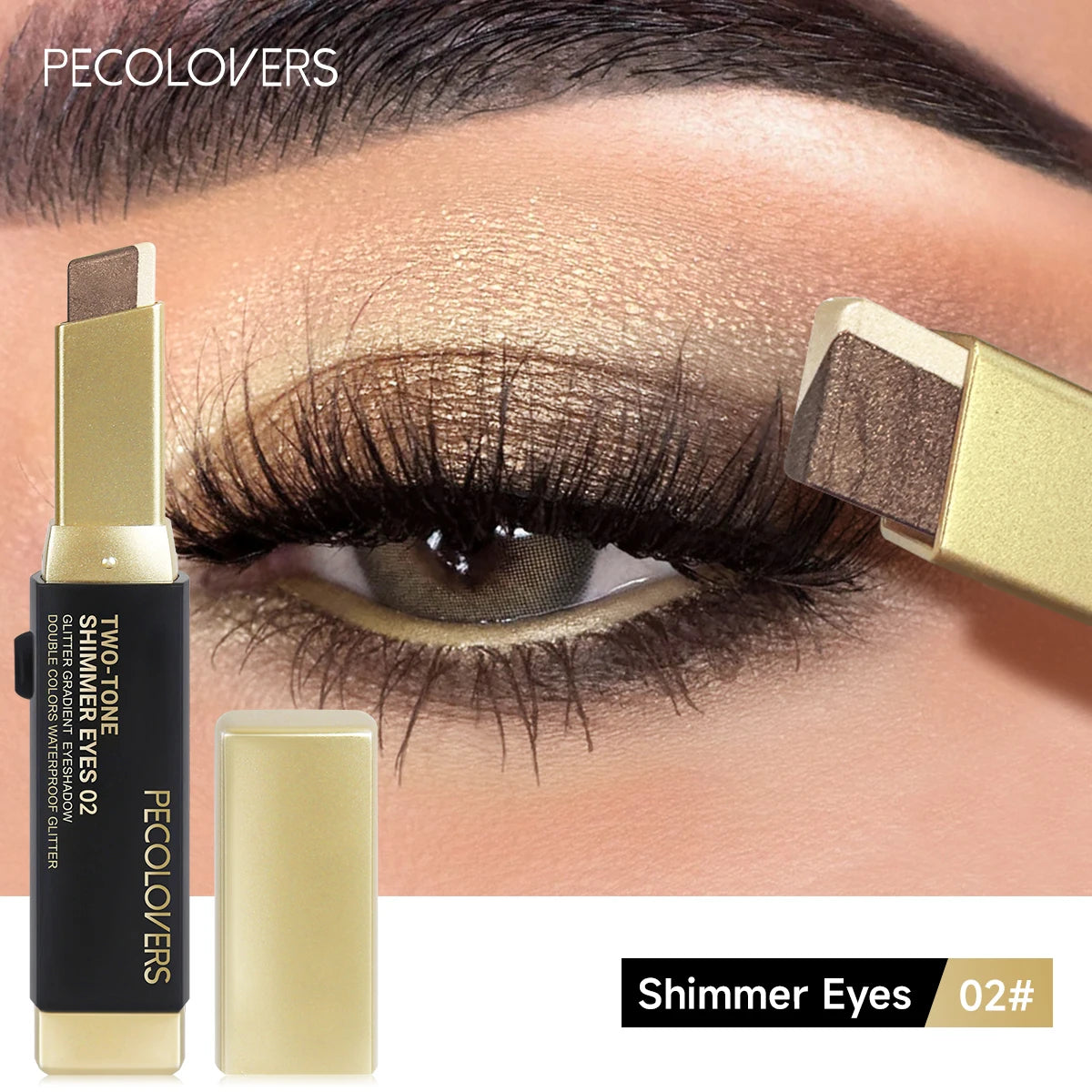 Fard à paupières en stick, fini doré et brun, maquillage pailleté sur la paupière