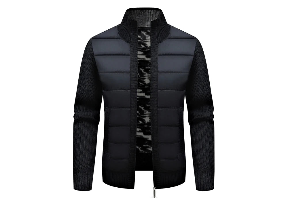 Cardigan homme noir doublé polaire, empiècements matelassés et zip central