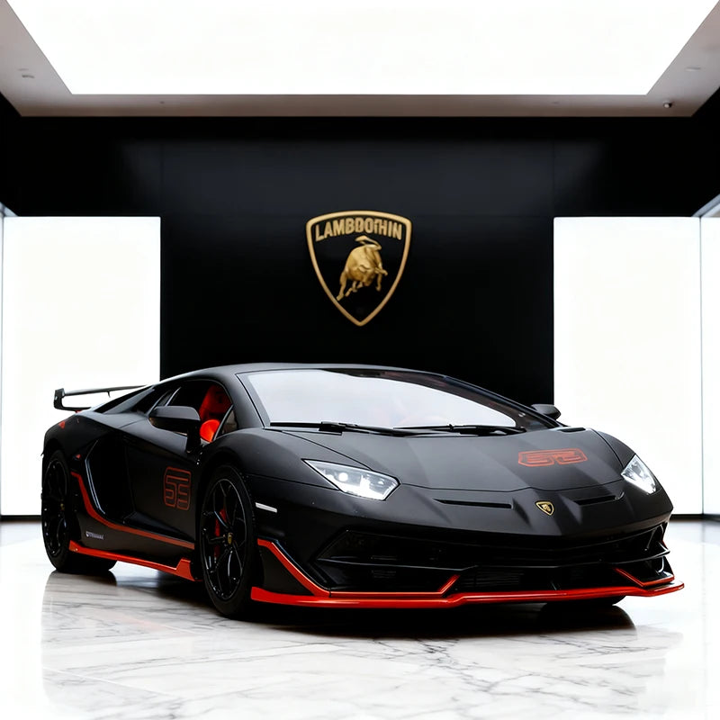 Voiture miniature supercar en métal, carrosserie noire avec bandes rouges et phares avant
