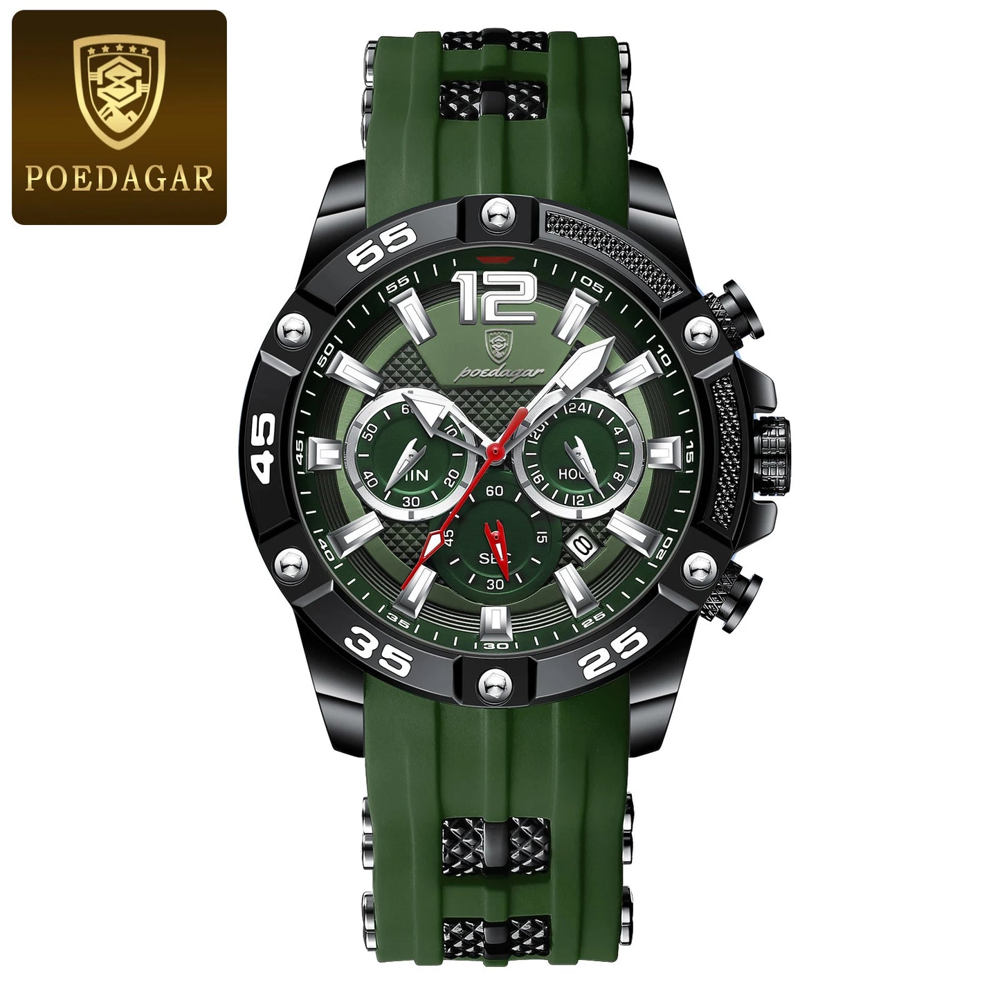 Montre sport PoEDAGAR chronographe, bracelet silicone vert, cadran noir à compteurs