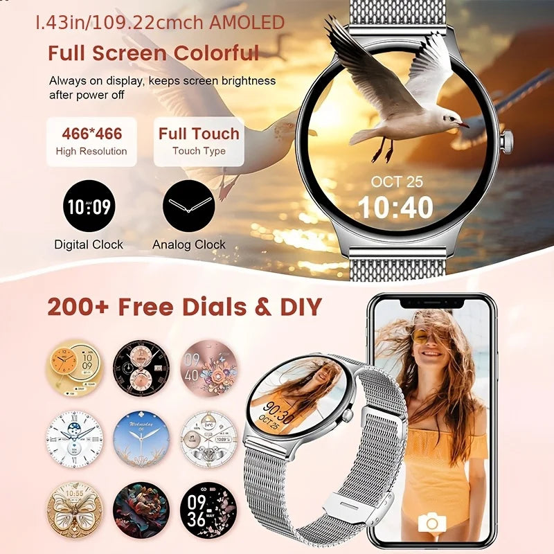 Montre Connectée Femme V89 Ultra-Fine 1.43" - Smartwatch Élégante Bluetooth IP68