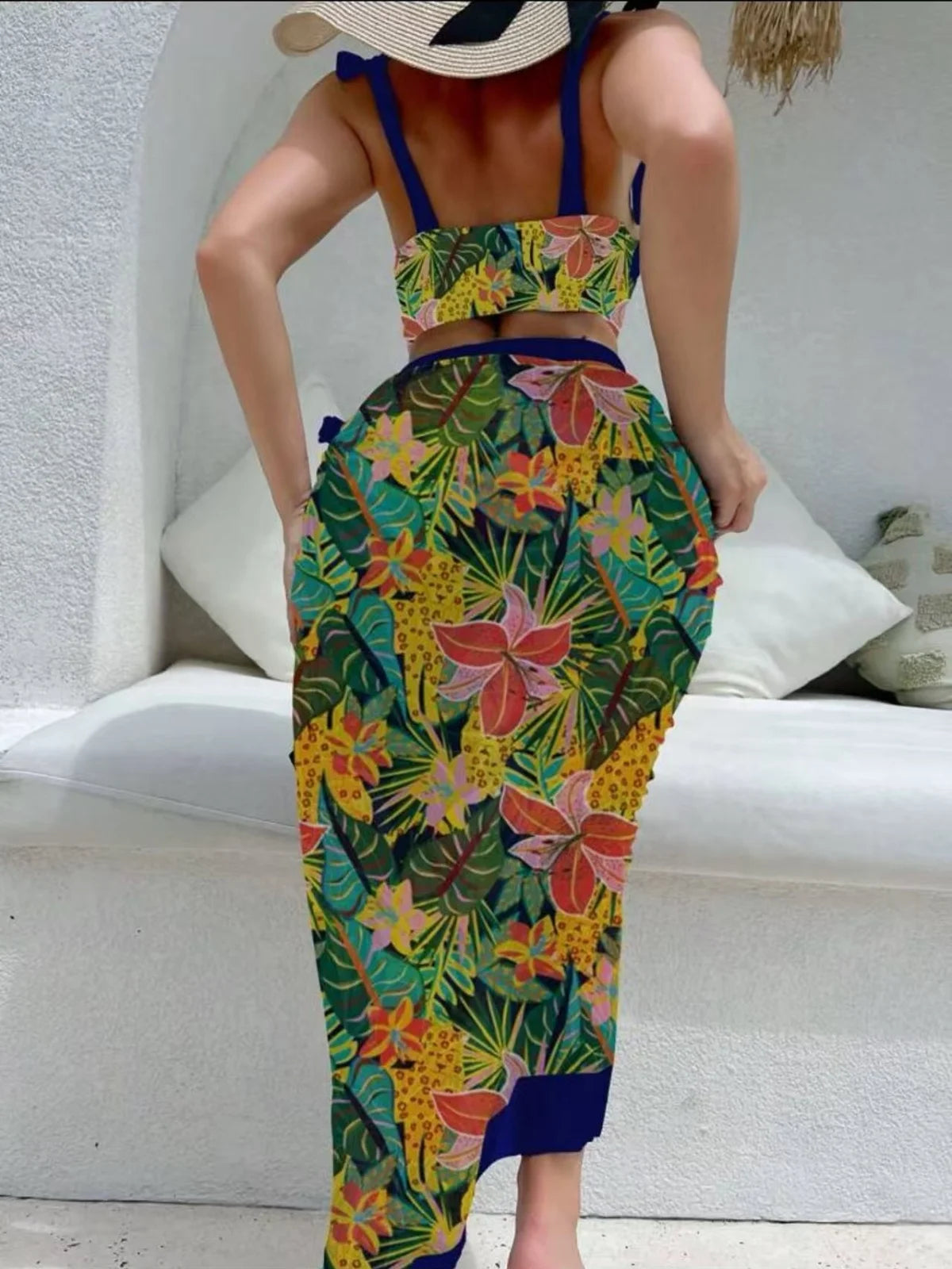 Ensemble de bikini 3 pièces taille haute, brassière bleu à fleurs et jupe longue assortie