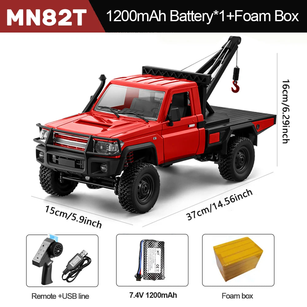 Camion RC tout-terrain rouge 1/12 avec grue, plateau bas et pneus à crampons