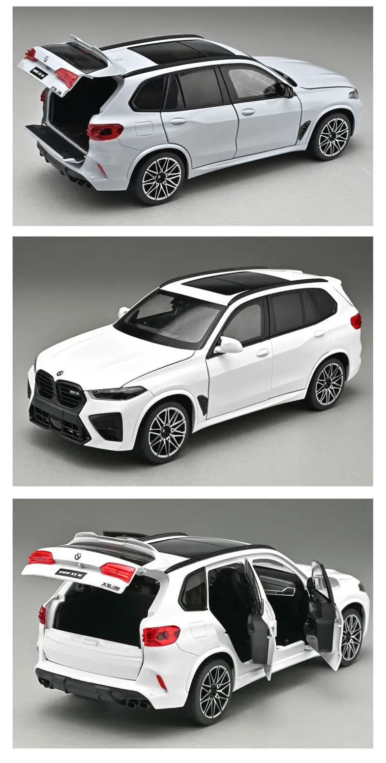 Voiture miniature BMW X5M blanche, portes ouvertes, jantes sport, vue arrière