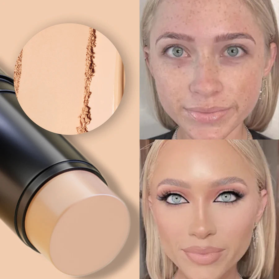 Crayon correcteur en bâton noir, capuchon beige, teinte sur peau et visage maquillé