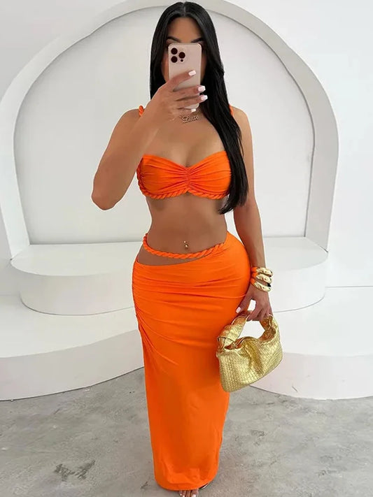 Ensemble femme : haut tressé noué et jupe longue moulante orange