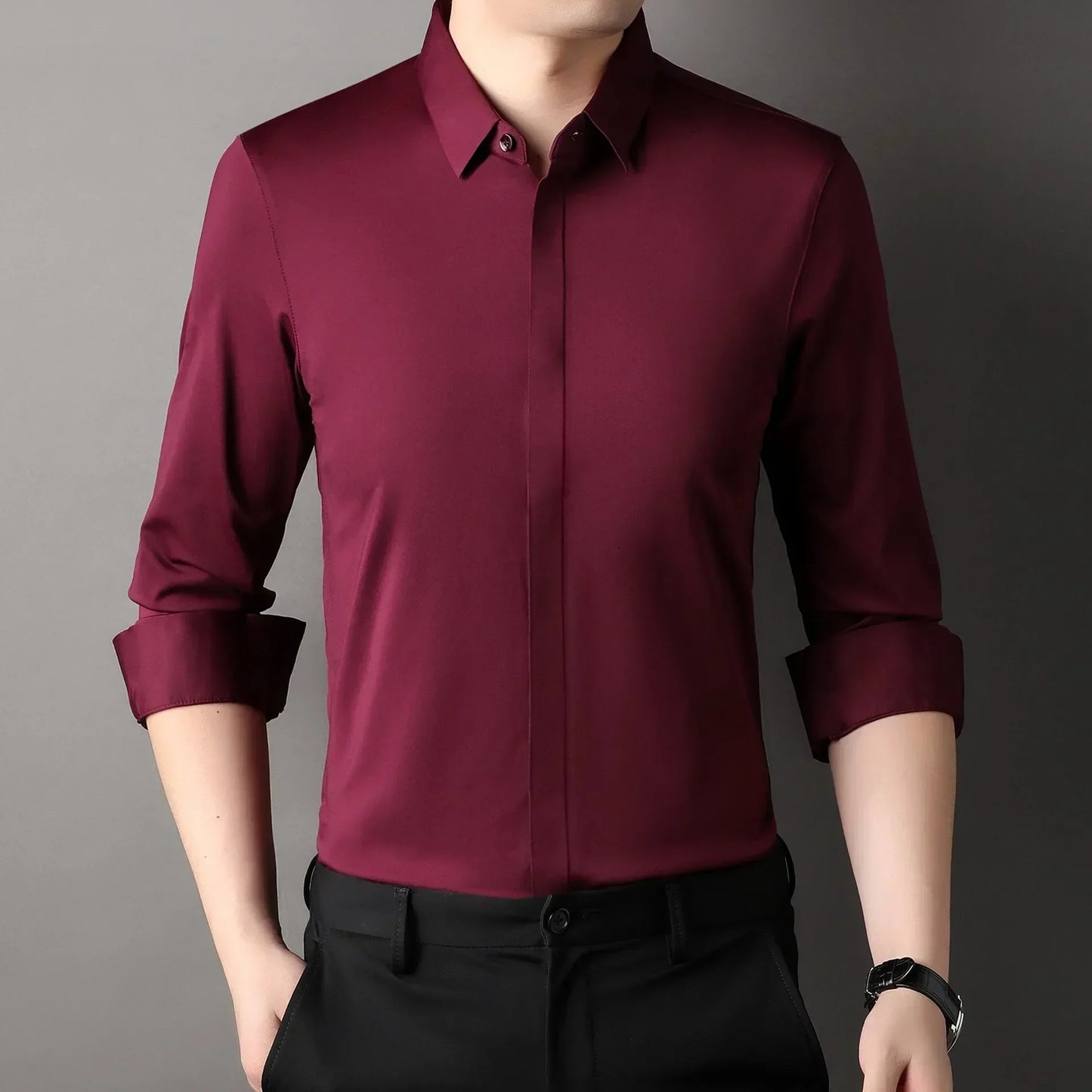 chemise hommes décontracté en soie polyester slim