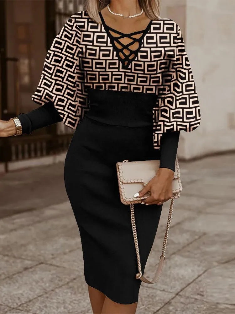Robe mi-longue à col V, manches longues, imprimé géométrique noir et blanc avec ceinture