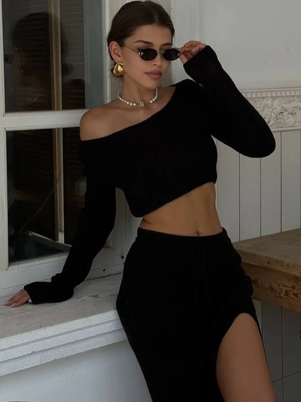 nouveauté automne/hiver jupe fendu et haut a manches longues pour femmes