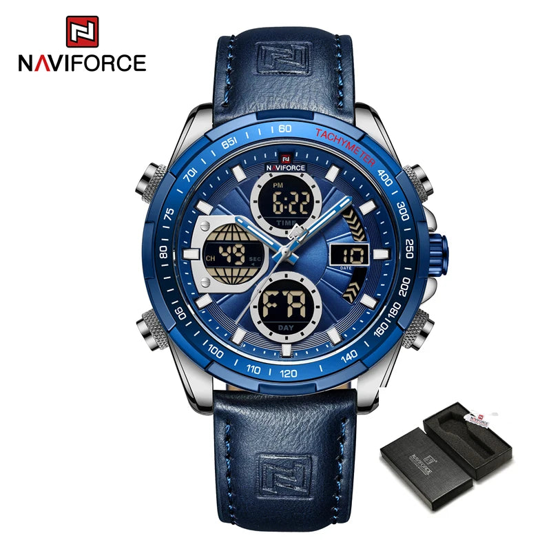 Montre homme NAVIFORCE à bracelet cuir bleu et cadran bleu, boîtier doré-rosé, chronographe.