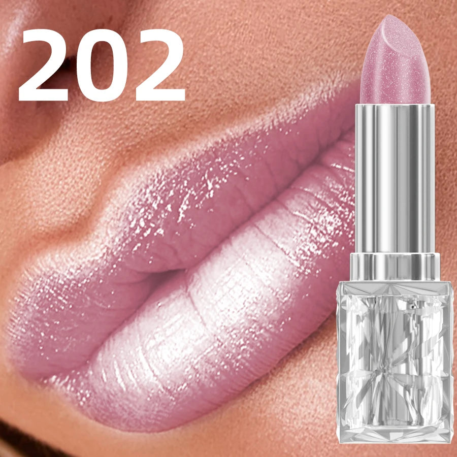 Rouge à lèvres velours pailleté métallisé rose mauve, lèvres et étui argenté