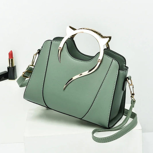Mini sac à main vert avec poignée chat dorée et bandoulière, style décontracté taille moyenne