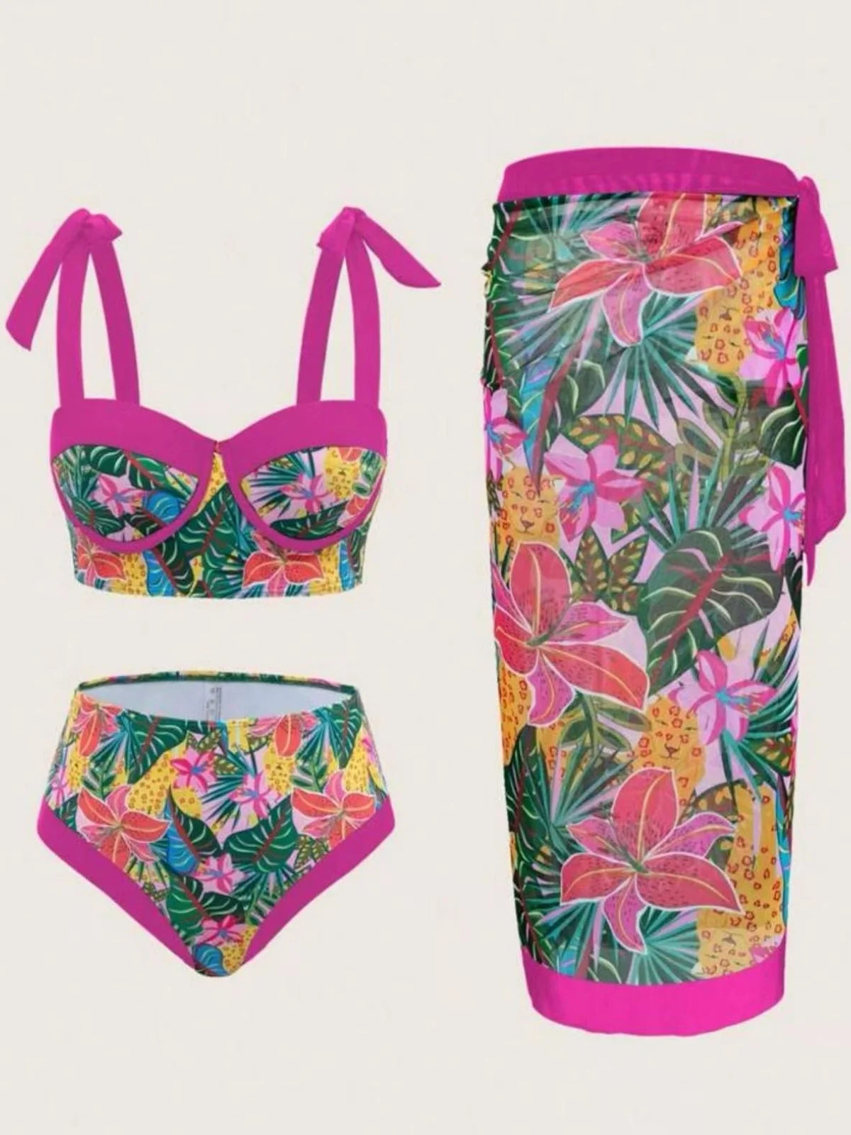 Ensemble de bikini 3 pièces taille haute, soutien-gorge à fleurs, culotte et jupe longue rose