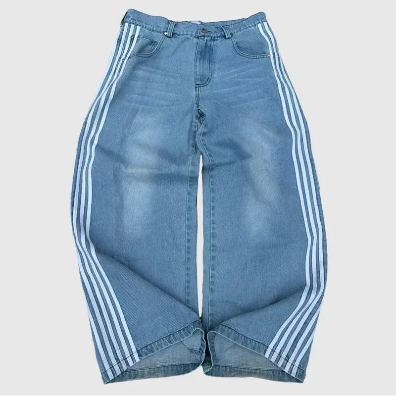 Jean Baggy Mixte Homme Femme - Denim Brodé Rayé Style Y2K Streetwear | MONASTORESHOP.COM