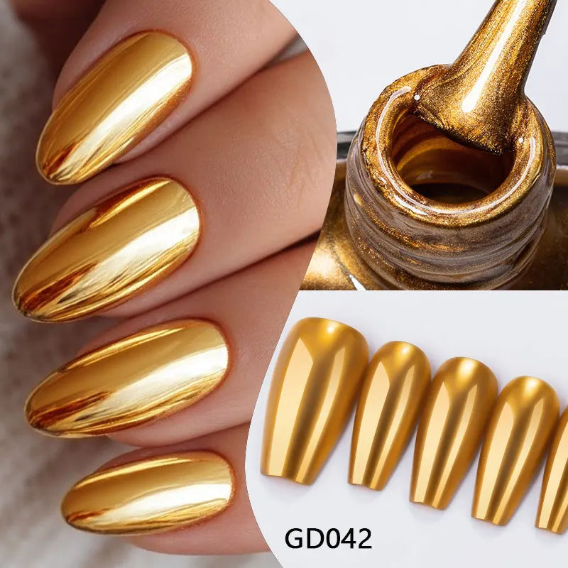 Vernis à ongles effet miroir doré, ongles longs brillants avec flacon.