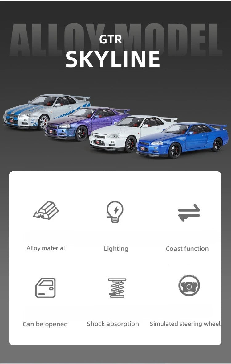 Modèle de voiture Nissan GT-R R34 Skyline en alliage roue démontable au 1/18