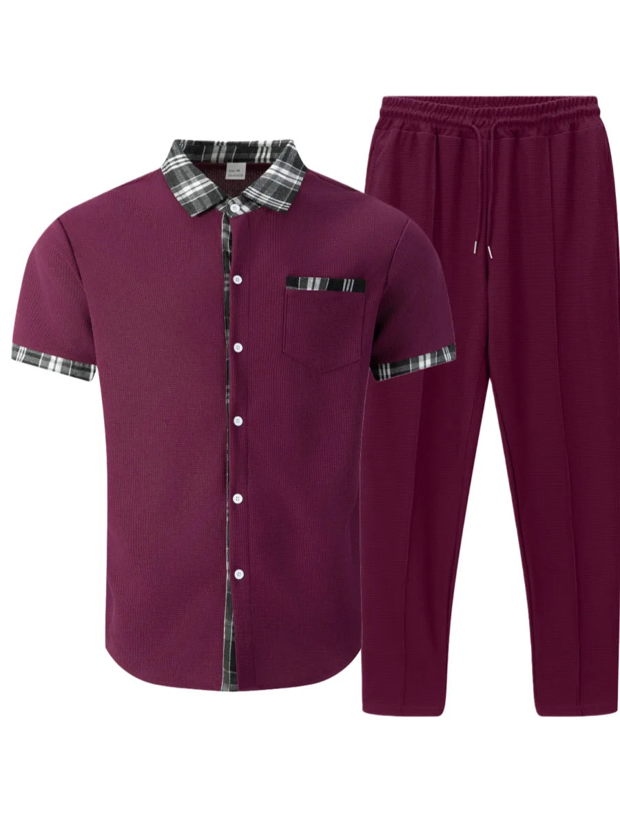Ensemble chemise gaufrée col à carreaux boutonné et pantalon assorti bordeaux