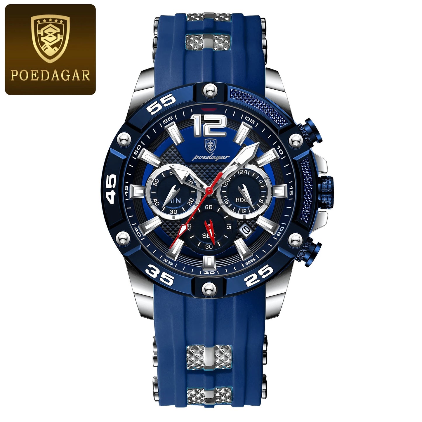 Montre homme POEDAGAR sport, cadran bleu, boîtier argenté, bracelet silicone bleu