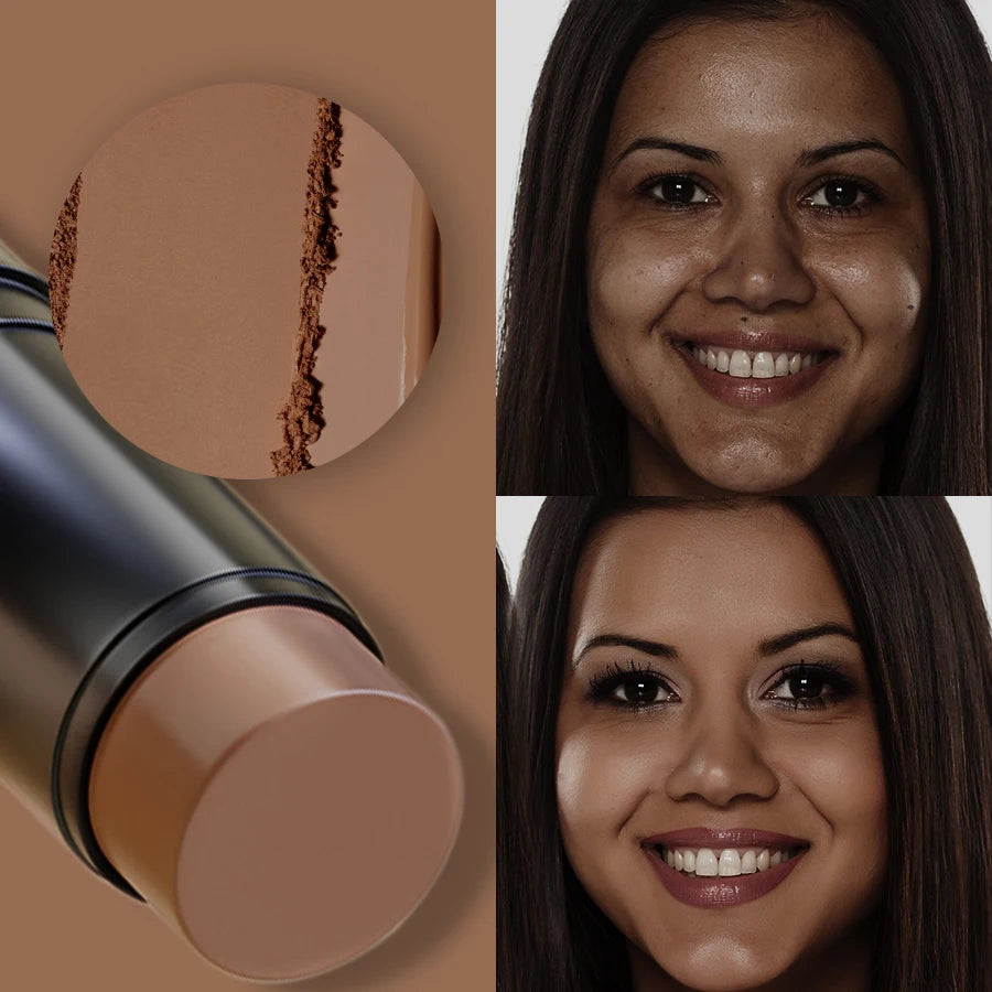 Crayon correcteur en bâton noir avec embout beige, teinte appliquée sur le visage