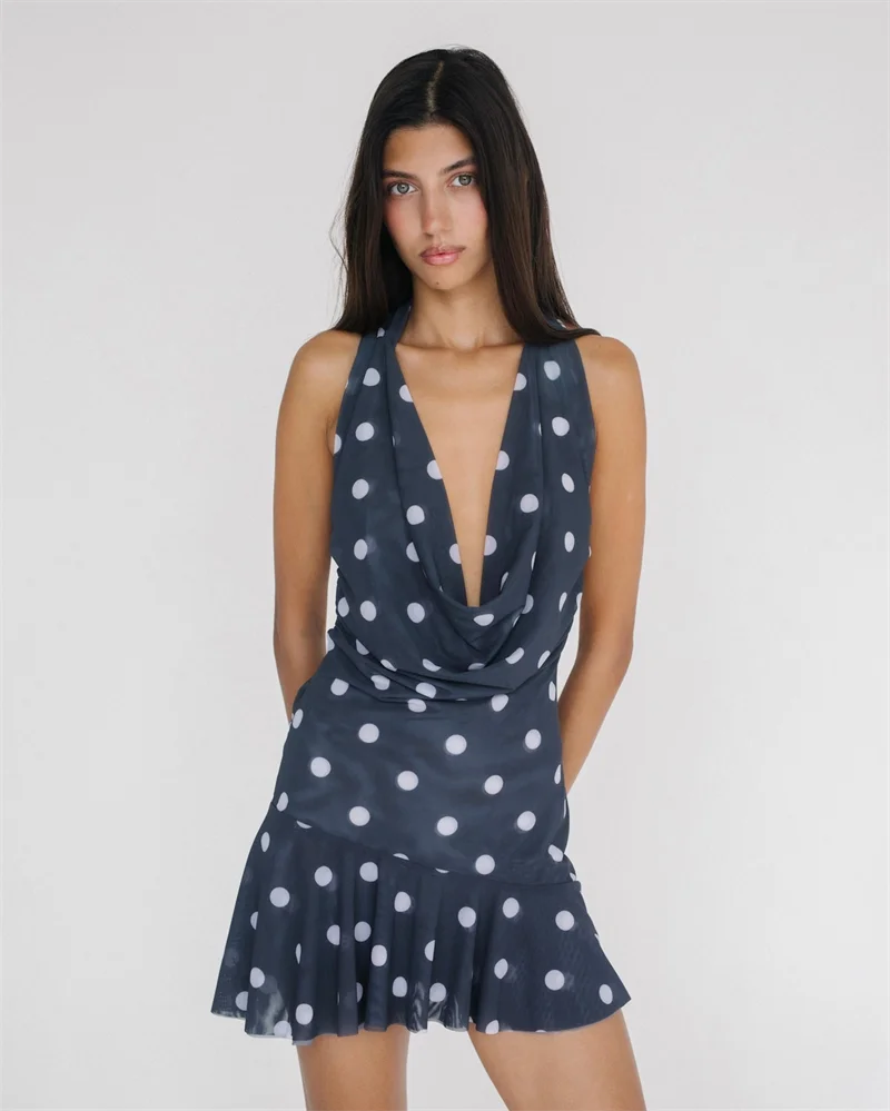 Mini Robe Maille Pois Dos Nu - Col V Profond, Sans Manches, Coupe Slim