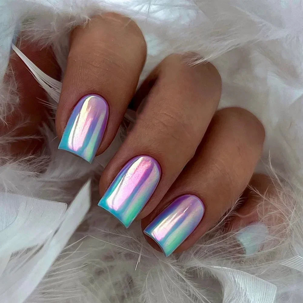Faux ongles pointus , Aurora noir, blanc, nacré, brillant