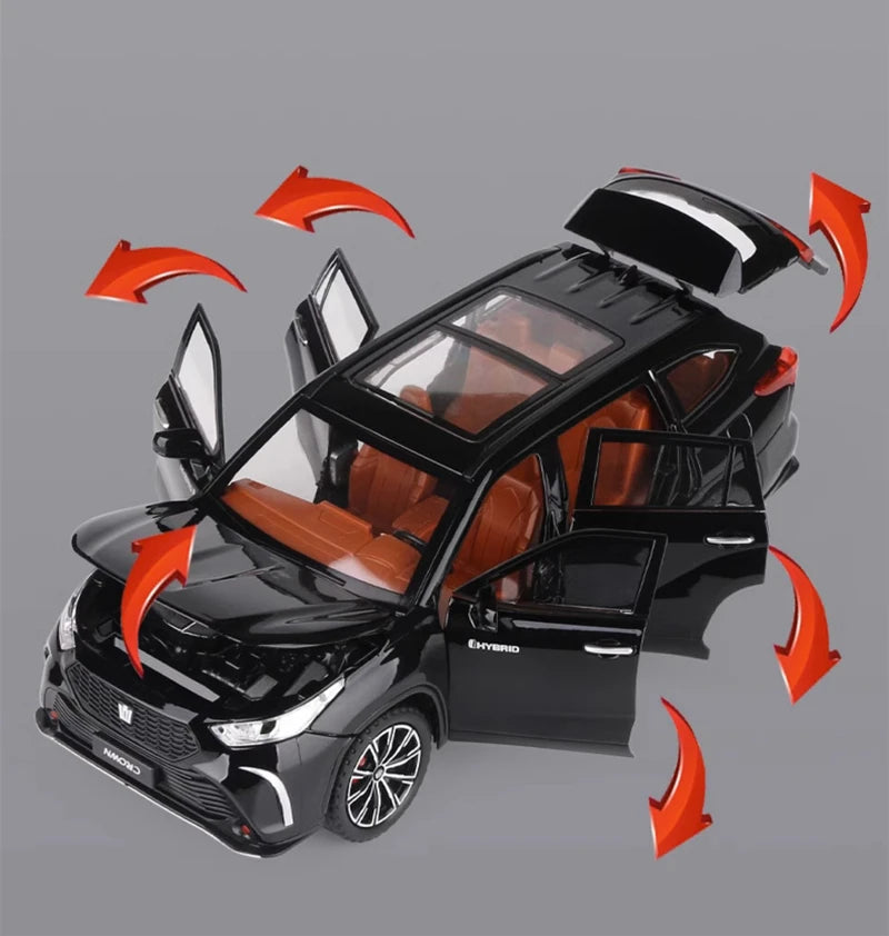 Modèle réduit de SUV Toyota Crown Kluger 1:24 noir, portes ouvertes et intérieur brun visible