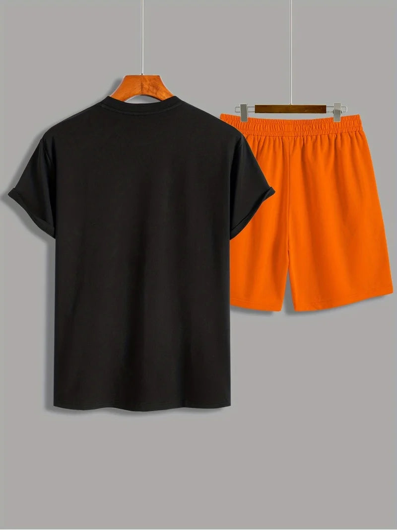 Ensemble t-shirt noir et short orange homme, col rond et taille élastique