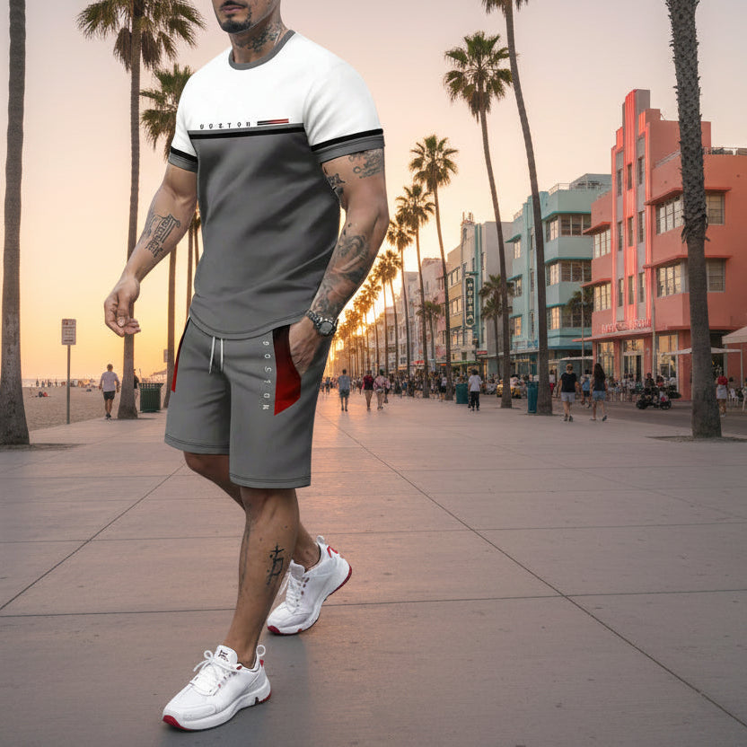 Ensemble t-shirt blanc et short gris anthracite, manches courtes, style sport