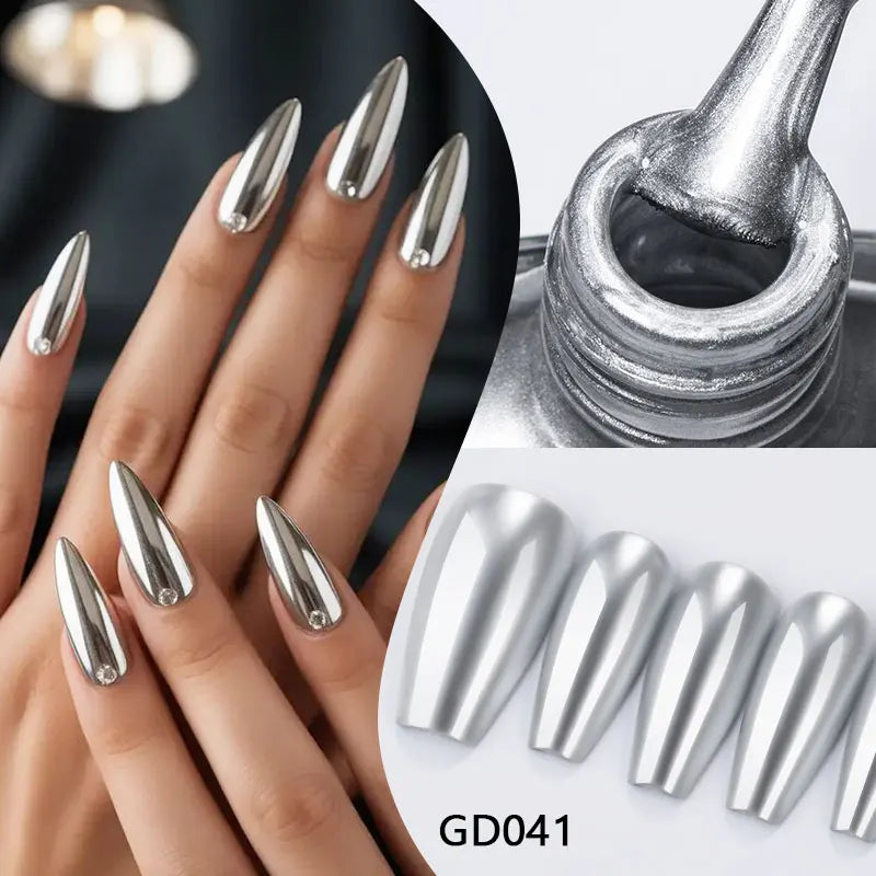 Vernis à ongles effet miroir argenté, flacon et ongles métallisés.