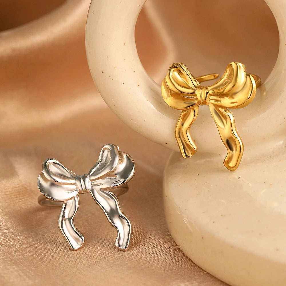 bague dorée ou argent à nœud en acier inoxydable, élégante pour femmes