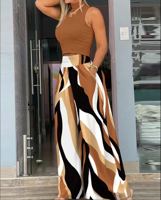 Ensemble pour femme débardeur marron et pantalon large à rayures zébrées beiges