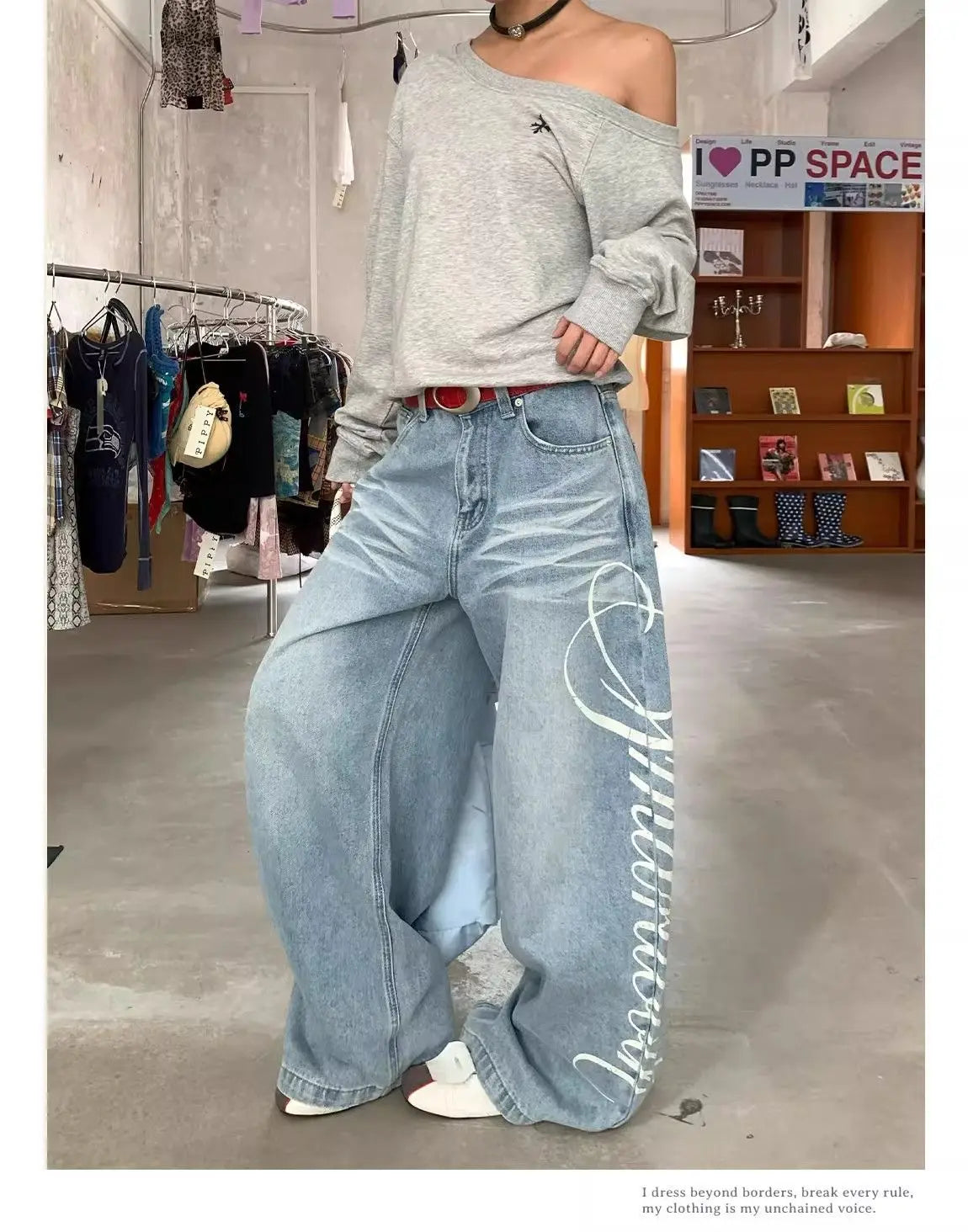Jean Baggy Y2K Femme – Coupe Boyfriend Oversize, Imprimé Lettres Harajuku
