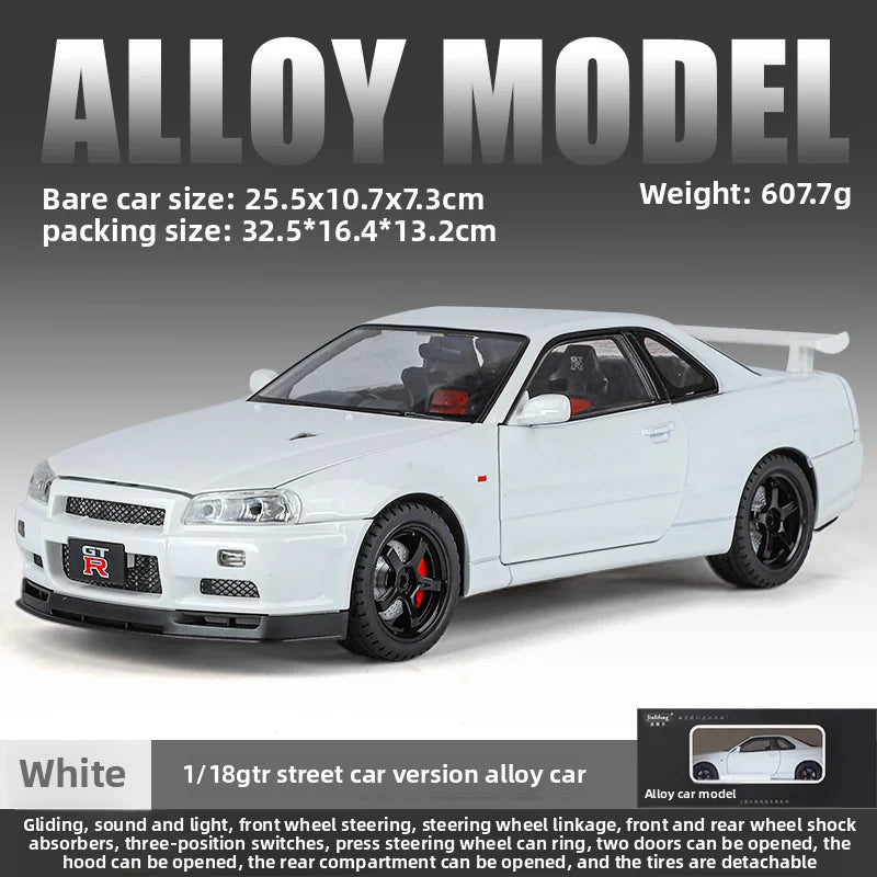 Modèle de voiture Nissan GT-R R34 Skyline en alliage roue démontable au 1/18