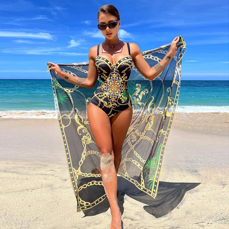 Maillot de bain une pièce push-up noir à bretelles, imprimé chaînes dorées et drapé