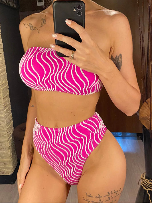 Ensemble bikini 2 pièces taille haute rose vif à rayures ondulées blanches