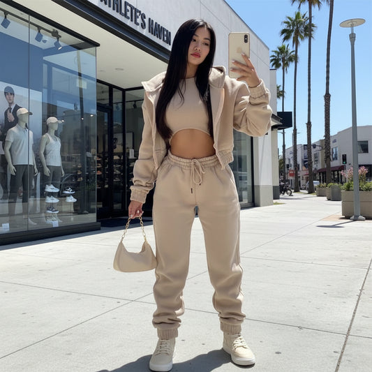 Ensemble 3 Pieces Femme - Sweat Capuche Zippee Debardeur Pantalon Jogging