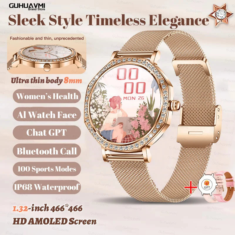 Montre Connectée Luxe Femme Diamant ChatGPT - 8mm Ultra Fine Bluetooth IP68 Or Rose - MONASTORESHOP.COM