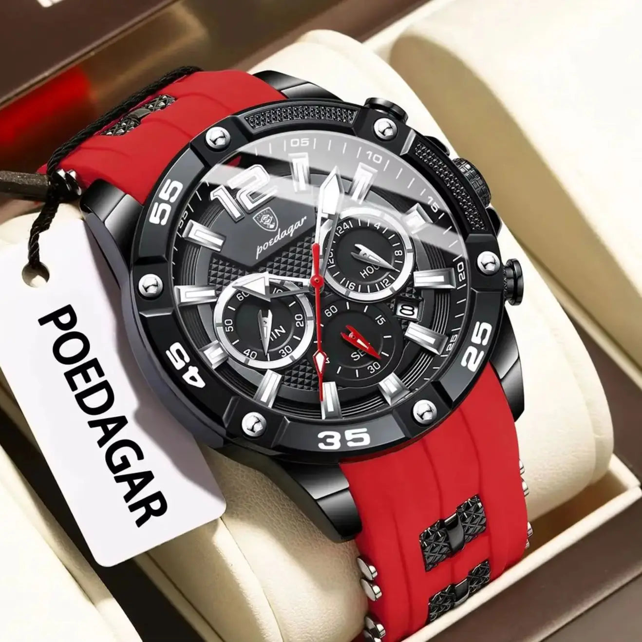 Montre sport PoEDAGAR chronographe, bracelet silicone rouge, cadran noir, aiguilles rouges