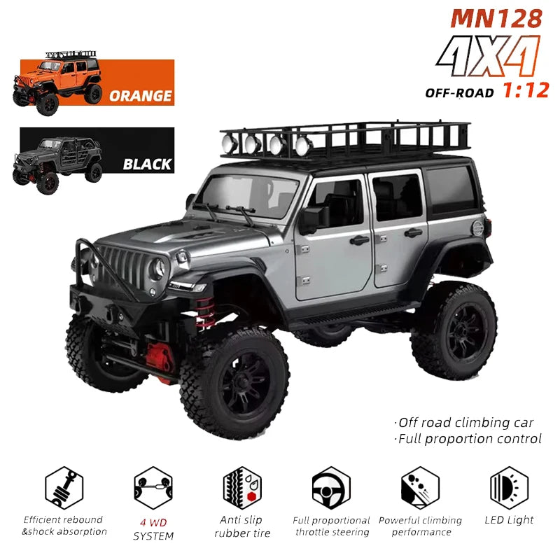 MN128 1/12 RC voiture 4WD Jeep modèle 2.4G télécommande lumière LED 4X4 hors route