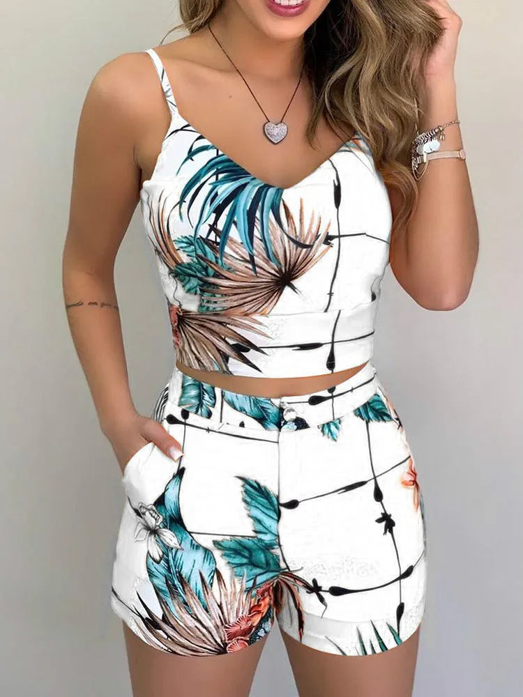 Ensemble Deux Pièces Femme Bohème - Chemise Florale et Short Polyester