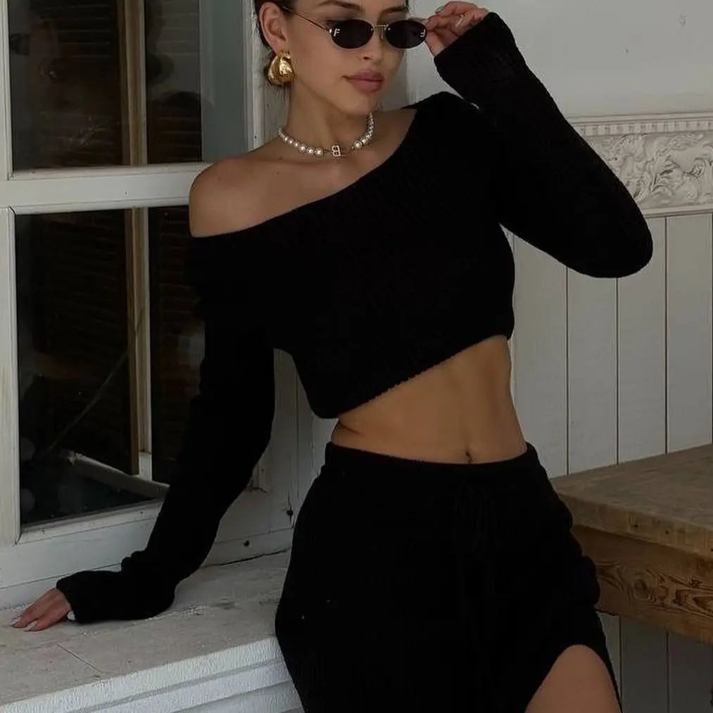 nouveauté automne/hiver jupe fendu et haut a manches longues pour femmes