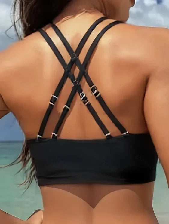 Haut de bikini noir à dos croisé, bretelles en X et maintien élastique