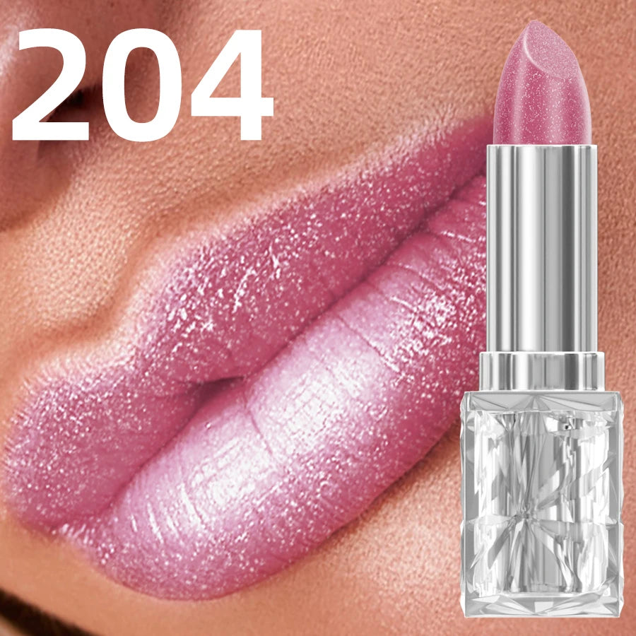 Rouge à lèvres velours pailleté métallisé rose clair, lèvres satinées et étui