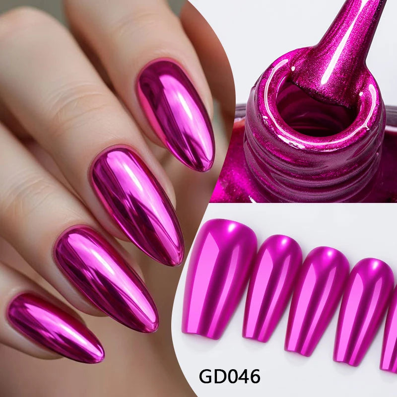 Vernis à ongles effet miroir magenta, flacon et ongles violet vif.
