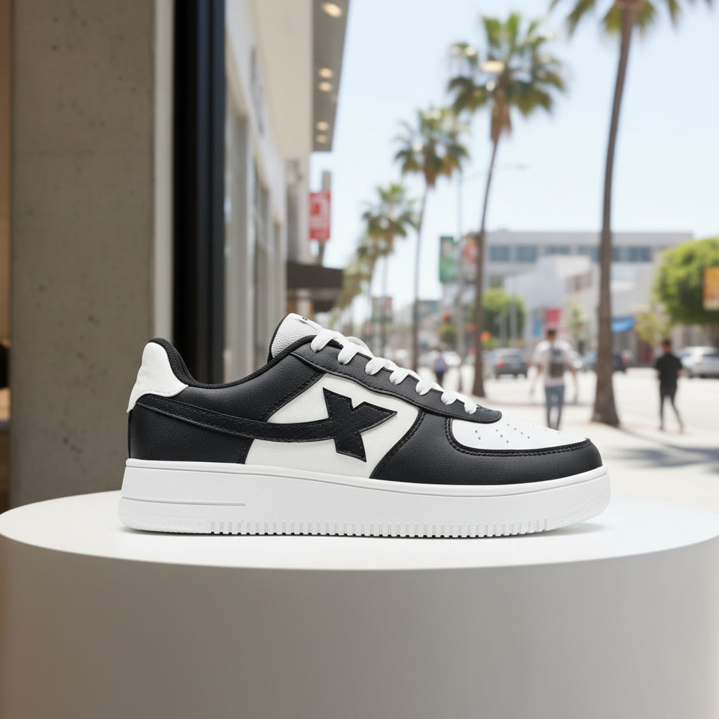 Chaussure de skate Xtep noire et blanche, empiècement motif étoile, semelle épaisse